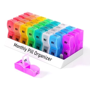 Monthly Pill Organizer 2 Times a Day, One Month Pill Box with AM and PM, 30 Day Pill Case with 32 Portable Compartments