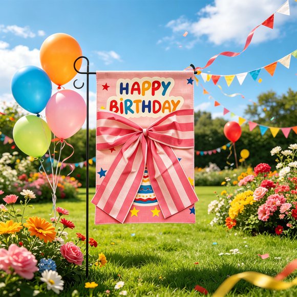 Drapeau de Jardin « Happy Birthday », Drapeau de Cour à Imprimé Gâteau avec Nœud, Bannière Double Face 12x18 Po, Drapeau de Pelouse, Patio et Jardin, Cadeau de Déco d'Anniversaire pour l'Extérieur, Déco Rustique de Style Ferme pour la Maison Intérieure et Extérieure