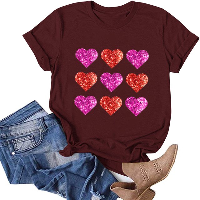 TIMIFIS T-Shirts pour Femmes Saint-Valentin Été Décontracté Manches Courtes Col Rond T-Shirts Mode Imprimé Cœur d'Amour Tee Shirt