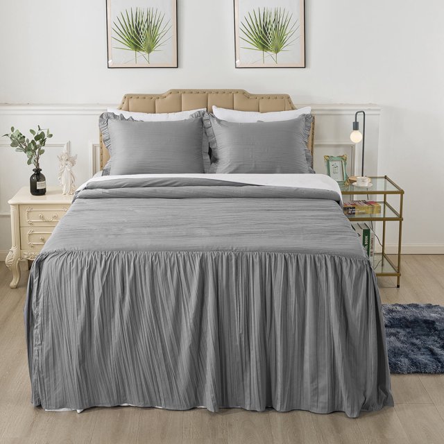 JML Ensemble de Couvre-Lit à Jupe à Volants - 4 Pcs, Ensemble de Courtepointe Doux avec Taies d'Oreiller et Tapis, Double, Gris