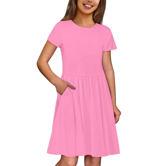 Robe Décontractée Unie à Col Rond et Manches Courtes pour Filles avec Poche - Confortable pour 3 à 12 Ans, Tenue Polyvalente Printemps/été