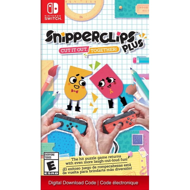 Snipperclips Plus: Cut it out, Together! - Bundle - Nintendo Switch digital code cover art showing two animated paper characters, yellow and pink, with eyes and legs, on a grid background with crafting tools, and hands holding blue and red Nintendo Switch Joy-Con controllers, representing this cooperative multiplayer puzzle game.