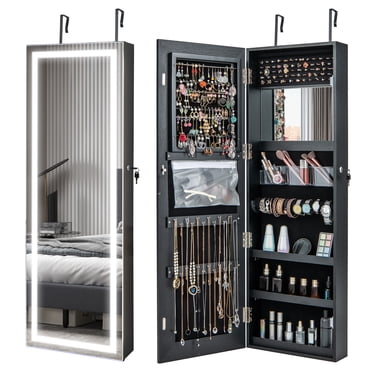 Costway LED Mirror Jewelry Cabinet Wall/Door Mounted 47" Armoire 3 Color Light Black