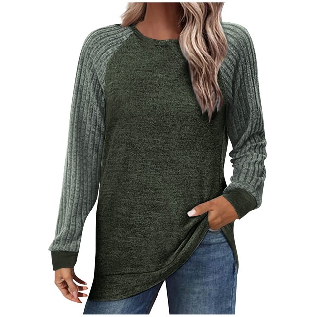 yoeyez Tunique en Tricot pour Femmes, Chandails à Manches Torsadées Patchwork, Col Ras du Cou Raglan, Chemises à Manches Longues, Hauts Mode Automne 2024, Vert, TG