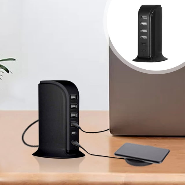 Chmadoxn Chargeur USB Multi-Interface 30W Charge Rapide 4 Ports USB+2 Ports Type-C 5V4A Support de Bureau Chargeur Multifonction station d'Accueil ABS