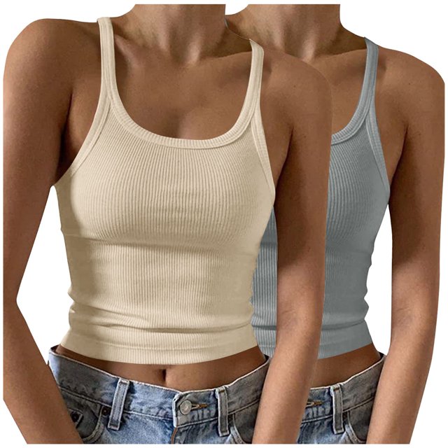 Timegard Camisoles 2 Pcs pour Femmes Col Rond Côtelé Sans Manches Ajusté Court Haut Décontracté Sortie Camis