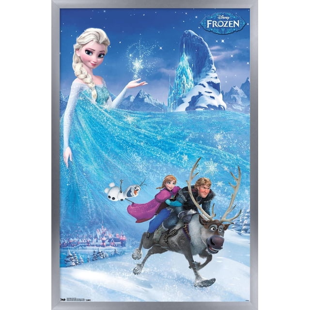 La Reine des Neiges de Disney - Affiche Murale Aventure en une Feuille, 22,375 Po x 34 Po Représentant Elsa dans une Robe Bleu Étincelant Créant des Flocons de Neige, Olaf le Bonhomme de Neige Flottant Joyeusement, et Anna avec Kristoff Chevauchant Sven le Renne à Travers un Paysage Enneigé avec un Château et un village Glacés en Arrière-Plan, Convient à la Décoration Murale de Chambre Ou de Chambre d'Enfant.