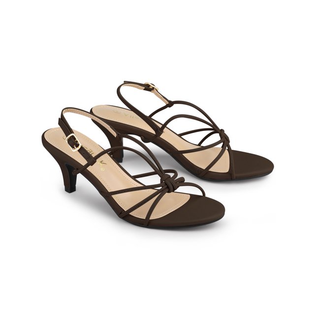 BLISSFUL STEP Women's Shoes Strappy Slingback Kitten Heel Sandals Coffee 8.5