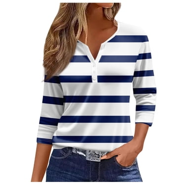Womens 3/4 Sleeve Tops Casual Neck Tshirt Ladies Print Daily Tees Tunic Blouses Handstand Shirt Long Sleeve Striped Short Sleeve T Shirts Long Sleeve Women Tall Long Sleeve Shirts for Women Womens