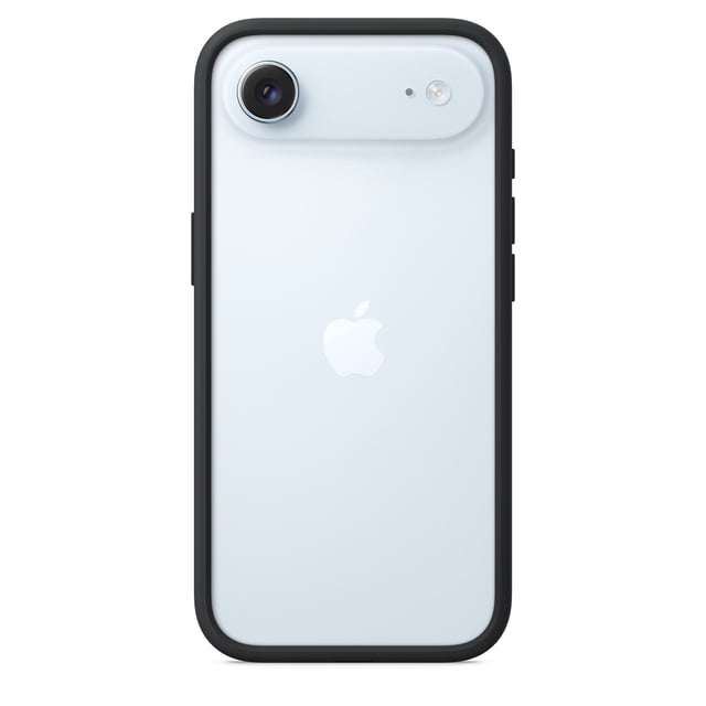 iPhone Air Bumper - Black showing a rear view of an iPhone Air encased in a slim, lightweight black polycarbonate bumper providing edge protection, with a visible camera lens and Apple logo, designed to work with Camera Control and attach to a crossbody strap for hands-free use.