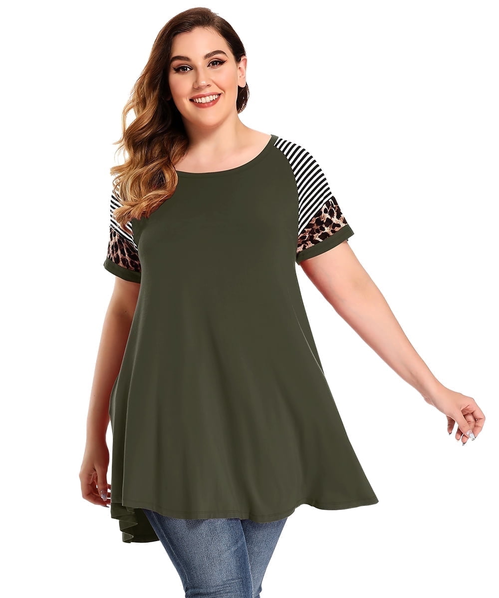 LARACE T-Shirts Décontractés pour Femmes Grande Taille Col Ras du Cou Manches Courtes Chemisier à Fleurs Tuniques Vert Armée 3X