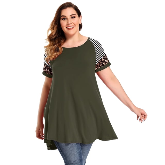 LARACE T-Shirts Décontractés pour Femmes Grande Taille Col Ras du Cou Manches Courtes Chemisier à Fleurs Tuniques Vert Armée 3X
