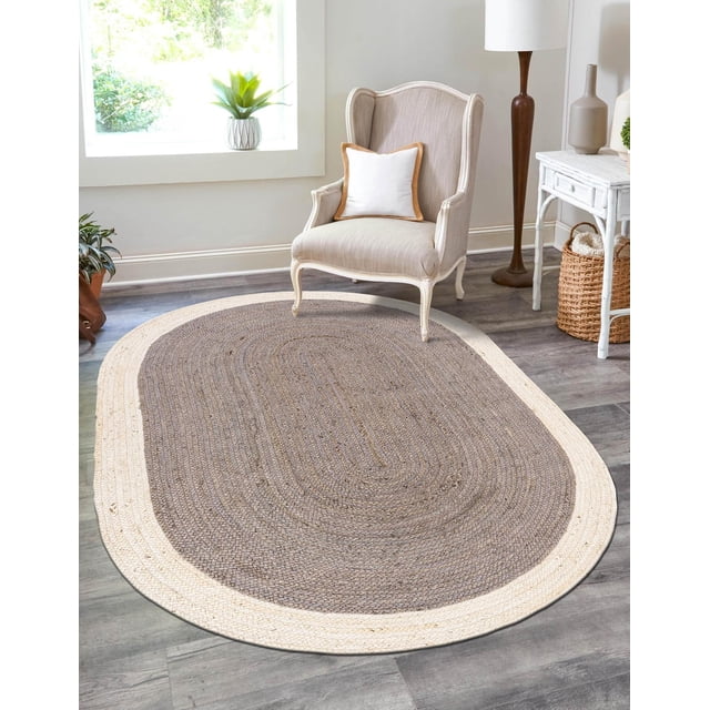 Indian Handmade Braided White Border with Inner Gray Natural Jute Area Rug, Home Décor Rug, Jute Rug for Bedroom, Dining Room, living room, Doormat Rug Size - 8' x 10' Oval (240 cm x 300 cm)