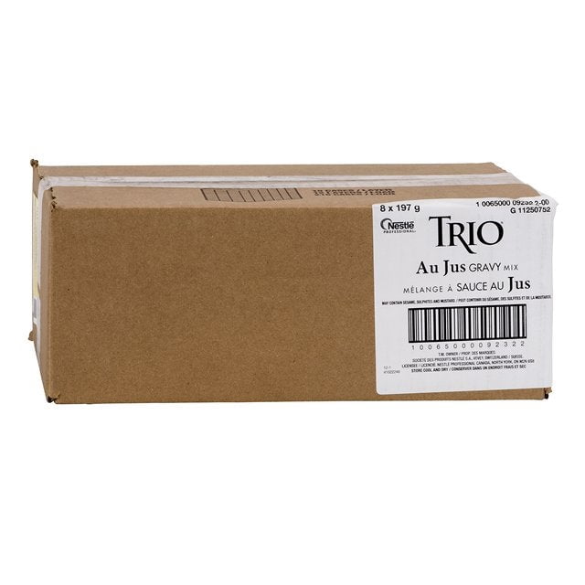 Mélange pour sauce au Jus TRIO / 197 G/unité, 8 Unités/caisse Photo Centrée d'Une Pochette Scellée à Côté de Sa Caisse Ondulée; Mélange au Jus Brun Moyen Foncé (Non Épaissi) avec Étiquette Inscrivant Rôti de Bœuf et Suggestion de Trempette Française, net 197 g par Unité, 8 Sacs par Caisse (1,58 kg); base de sauce Salée Convenant à la sauce à la Poêle, au pilaf de Riz et aux Soupes.