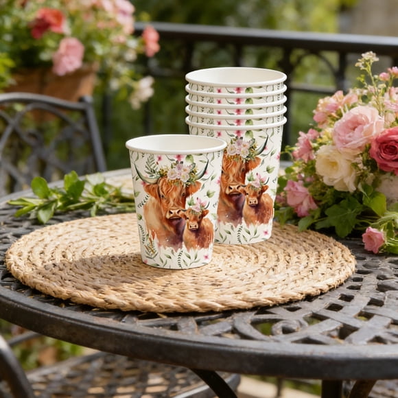 Dvkptbk disposable cup 10 Pack Highlands Cow Paper Cups Disposable Vintage Floral Party Cups for Farmhouses Theme Birthday Rustics Celebration Supplies