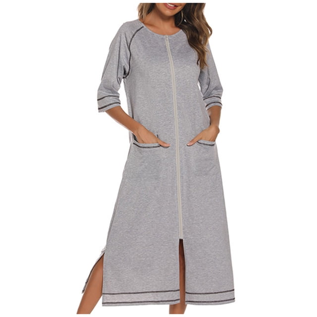yievot Robe de Maison pour Femmes Longue à Fermeture Éclair devant Peignoirs Chemises de Nuit avec Poches Tenue d'Intérieur