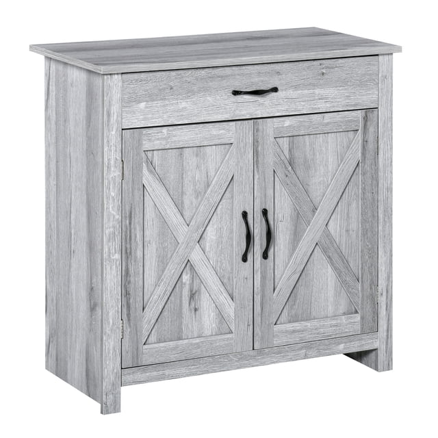 HOMCOM Buffet de Style Ferme, Armoire de Rangement avec Porte de Grange, Grain Gris. Présente une Finition Rustique à Grain Gris avec Détails en crossbuck sur les Portes de Style Grange. Comprend un Tiroir Spacieux et une Armoire Fermée pour un Rangement Polyvalent de Cuisine Ou l'Organisation de la Salle à Manger. Fait de MDF et de Panneau de Particules, Convient pour Être Utilisé comme Buffet, Armoire de Rangement Ou console Télé. Dimensions : 31,5 Pouces de Large, 15,75 Pouces de Profondeur et 31,5 Pouces de Hauteur.