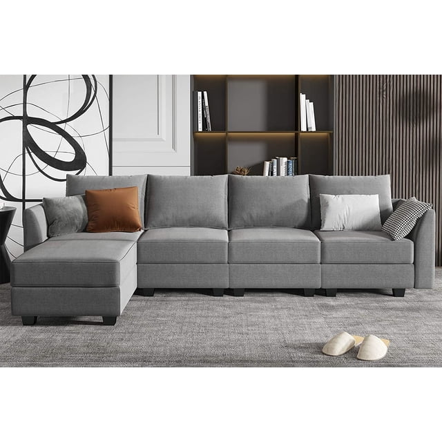 HONBAY Modular Sectional Couch with Reversible Chaise L-Shape Sofa, featuring a 4-seat design in grey polyester upholstery. This sectional sofa includes a matching chaise that can be repositioned as a footstool or single seat, with hidden storage under each seat. Built with a sturdy solid wood frame and durable legs, it offers a modern style suitable for living room seating in apartments or small spaces.