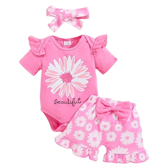 Zshosam Baby Girl Coming Home Outfit Summer Baby Girl Clothes Infant Summer Outfits Set Ruffle Sleeve Romper and Shorts with Headband Size 9 12 Months,(Pink 9-12 Months)