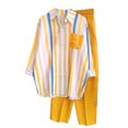 thumbnail image 1 of Cinvoph Two Piece Sets for Women Summer Outfits Sets Striped V Neck Tops Wide Leg Pants Set Casual Loose Going Out Outfits Set with Pockets, 1 of 6