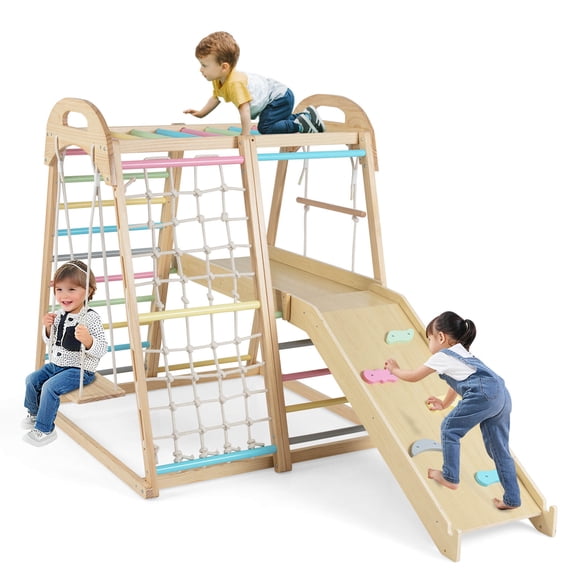 Costway Gymnase Jungle 8-en-1, Ensemble d'Escalade Montessori en Bois avec Glissade et Barre de Singe Multicolore