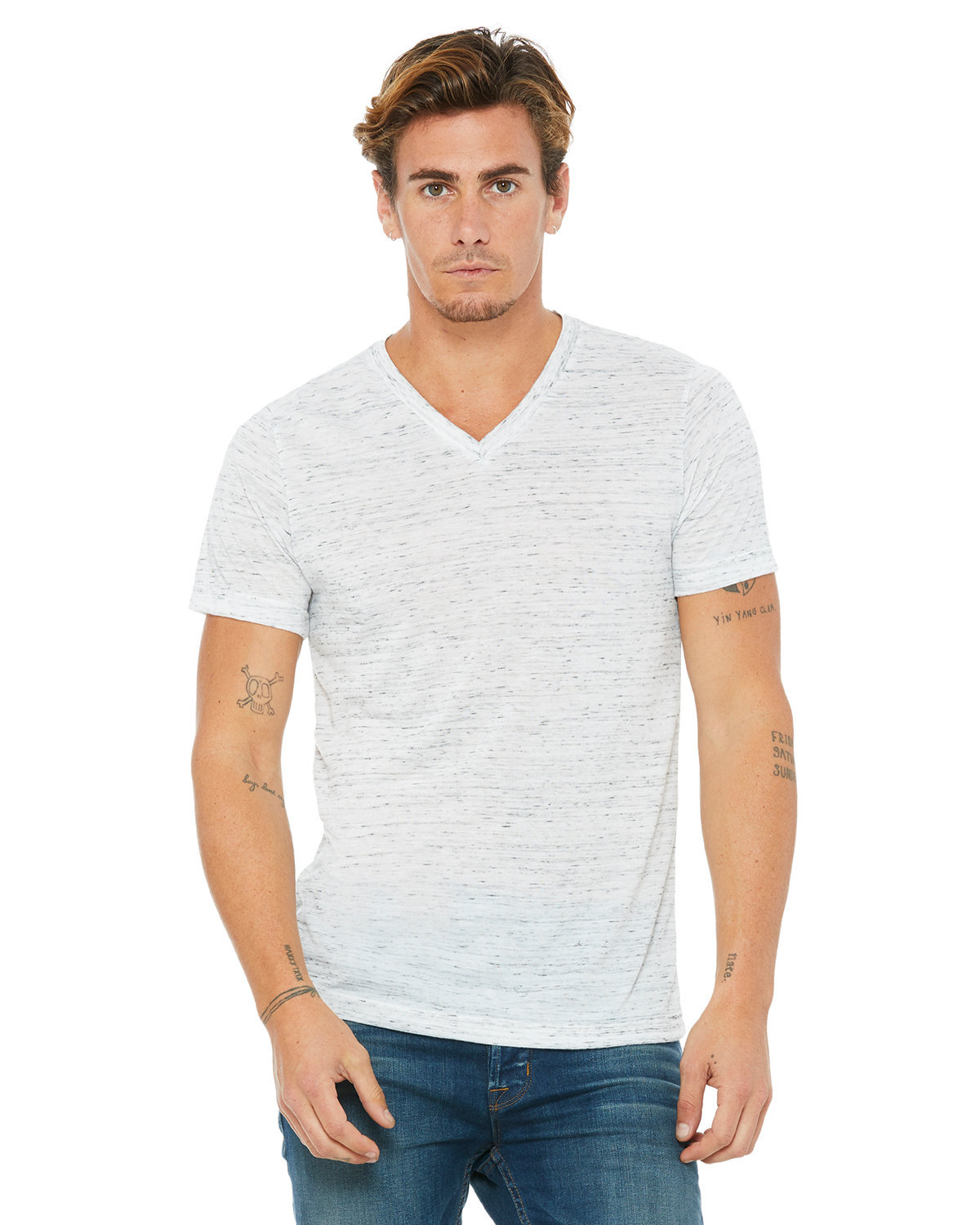 Bella Canvas Mens Jersey V-Neck Tee, XS, White Marble