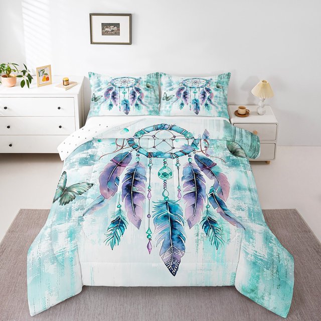 Ensemble de Literie Attrape-Rêves Hippie Format Grand, Couette Ombrée Sarcelle Grand pour Filles, Insert de Couette Papillon Bleu, Ensemble de Courtepointe Dégradé Aquarelle, Style Exotique Plumes Tribales, Couettes et Ensembles de Literie