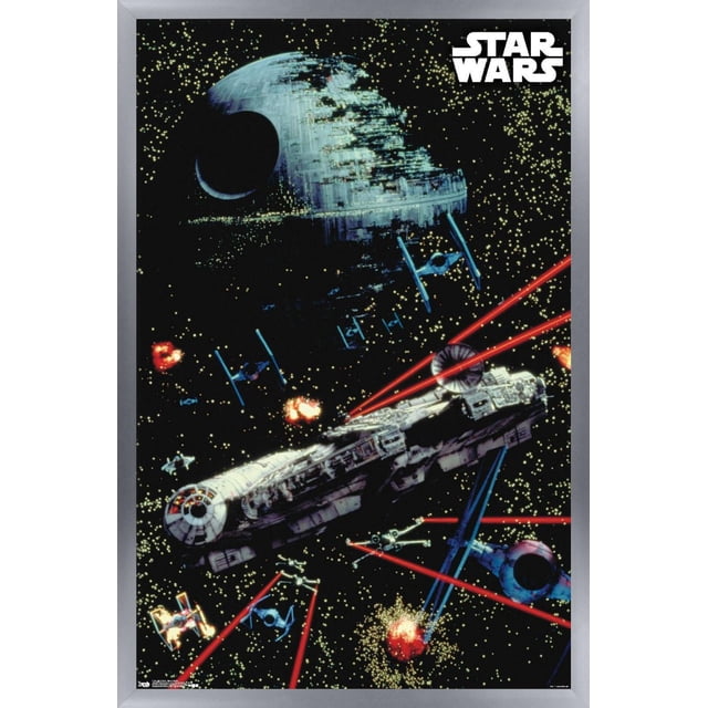 Star Wars : Saga - Affiche Murale de Bataille Spatiale, 22,375 Pouces x 34 Pouces Représentant une Impression d'Affiche Brillante d'Une Scène de Bataille Spatiale avec l'Étoile de la Mort Partiellement Construite, Plusieurs Chasseurs blue TIE et le Faucon Millennium Tirant des Explosions laser Rouges sur un Fond Noir Étoilé, Convient pour Décorer des Chambres, des Bureaux Ou des Événements à Thème.