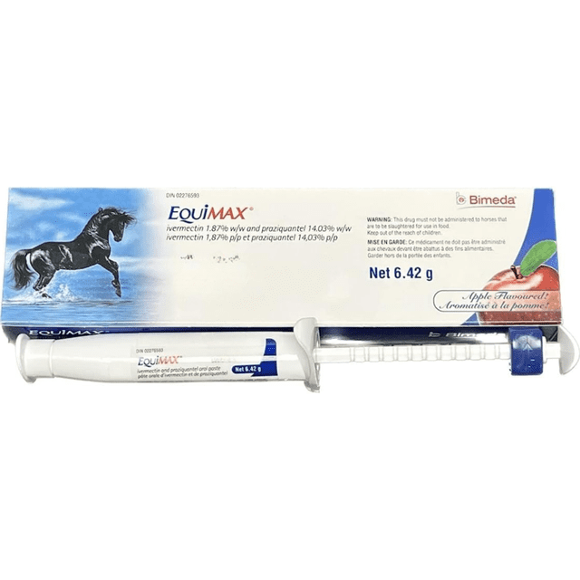 Equimax Horse Dewormer, Apple Flavored - 6.42g, designed for equine health care with broad-spectrum parasite control. Packaging features a black horse graphic and apple illustration. Includes a syringe applicator labeled with dosage details and Drug Identification Number (DIN) 02276593.