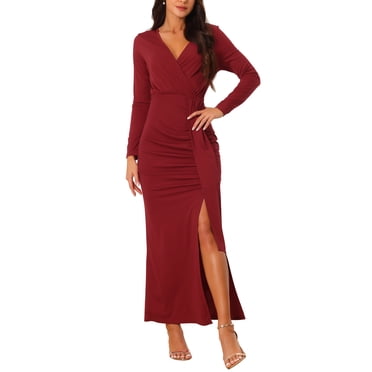 INSPIRE CHIC Women's Maxi Bodycon Dress V Neck Long Sleeve Side Slit Party Dress M Wine Red