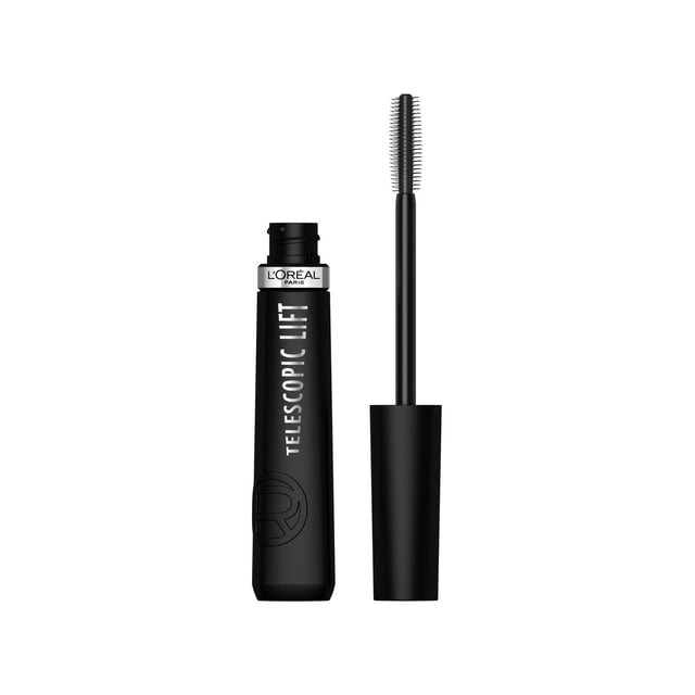 L'Oréal Paris Telescopic Lift Mascara with black matte tube and silver brand ring, featuring a double-hook bristle brush wand designed to lift and volumize lashes up to 5mm longer with a ceramide-infused formula that holds lift for 36 hours, shown with the wand beside the tube on a white background.