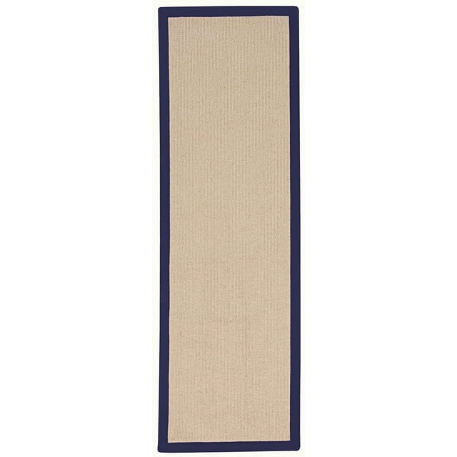 Athena Natural & Blue 2'6" x 12' Runner rug with a natural beige wool tufted center and hand-finished blue cotton binding, featuring mitered corners and durable construction suitable for high-traffic hallways or bathrooms, also ideal for layering in transitional home decor.