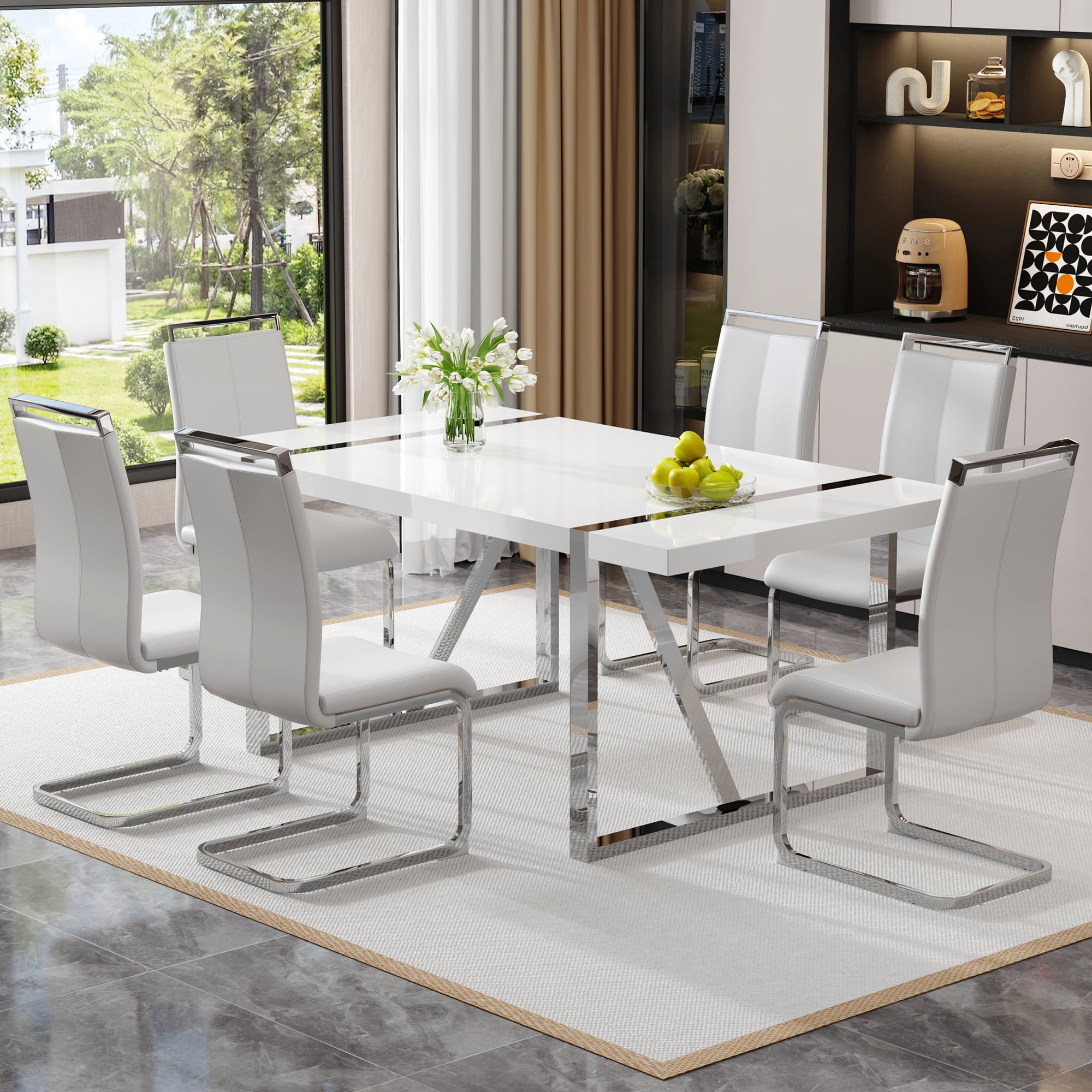 Noble House Industrial Rectangular Dining Table,2.3" Thick Wood Grain White MDF Top with Silver Metal Legs,White/Silver