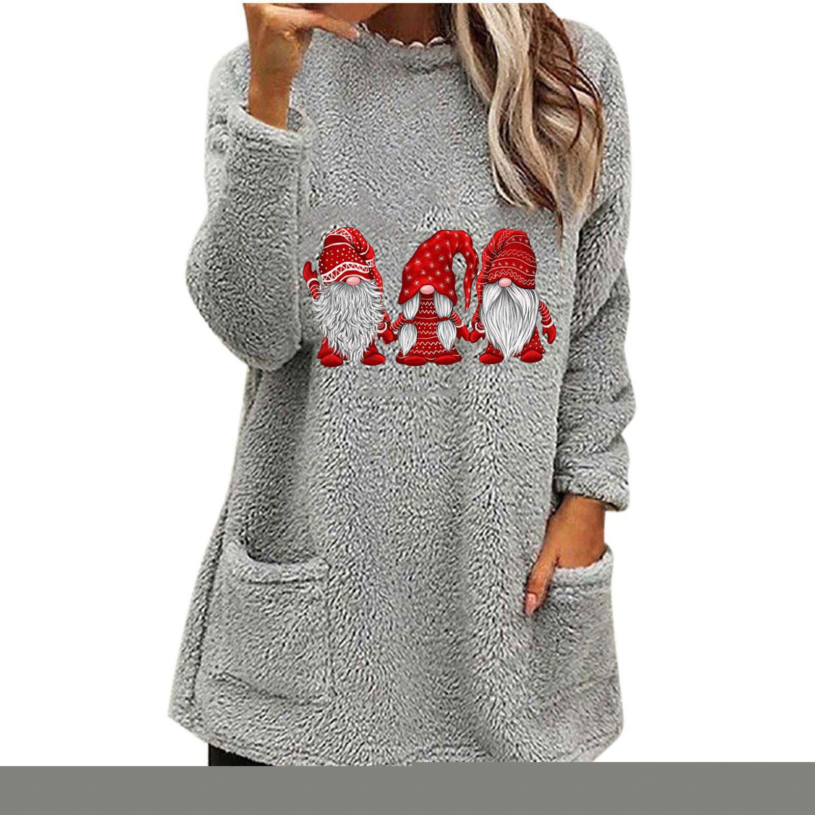thumbnail image 2 of TIMIFIS Cadeaux de Noël Chandail à Col Rond pour Femmes Chandail Molletonné Décontracté d'Hiver Gnomes Père Noël Noël Imprimé Chandails à Manches Longues Hauts avec Poche, 2 of 4
