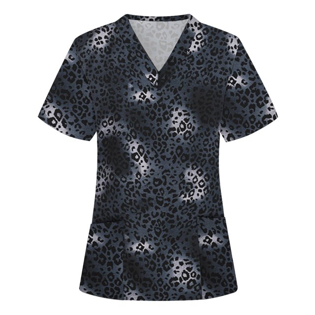 CHGBMOK Blouse d'Été Grande Taille pour Femmes Mode Manches Courtes Col en V Hauts Uniforme de Travail Imprimé avec Poche Hauts Uniformes de Travail pour Femmes en Liquidation
