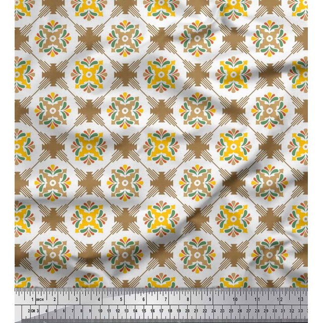 Soimoi Polyester Crepe Fabric Geometric & Flower Artistic Decor Fabric Printed Yard 52 Inch Wide