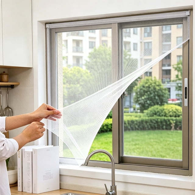 Ovzne Self Adhesive Window Screen, No Drill Mosquito Net Mesh, Adjustable Replacement Insect Screen for Home Windows Kitchen Bedroom White