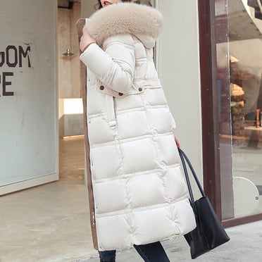 IROINID Women's Winter Warm Mid-Long Coat Solid Color Zip Up Puffer Long Sleeve Hoodie Outwear, White