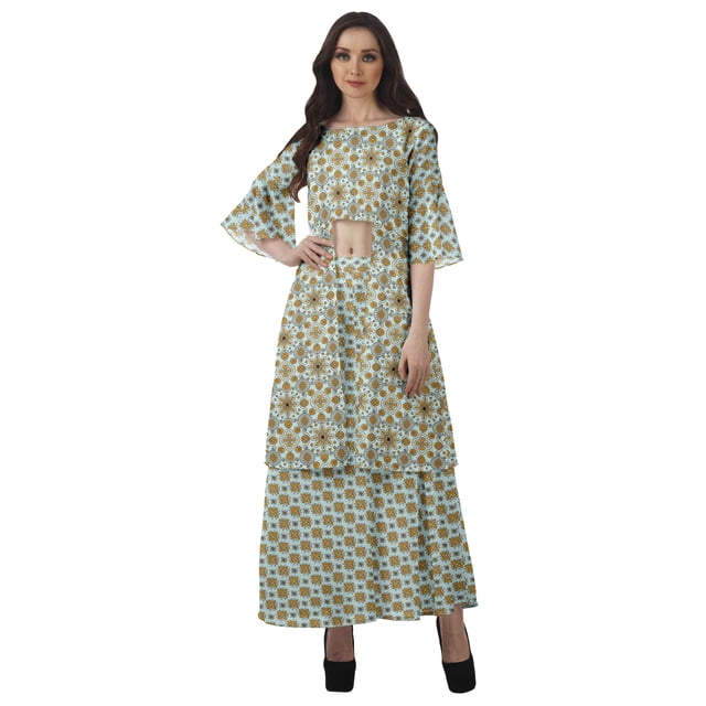 Moomaya Printed High Low Crop Top Kurti Palazzo Set Ethnic Indian Clothing Set For Womens