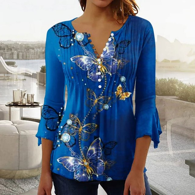 Hauts pour Femmes Haut à Imprimé Floral Col en V Manches Courtes Bouton T-Shirt Bleu G