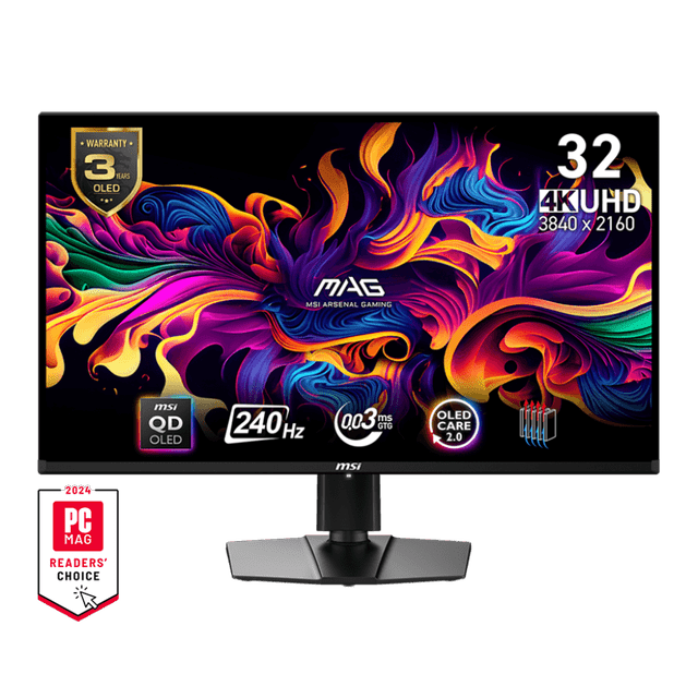 MSI Moniteur de Jeu 32 Pouces 3840 x 2160 UHD QD-OLED avec un Taux de Rafraîchissement de 240 Hz et un Temps de Réponse GTG de 0,03 Ms. Parmi les Fonctionnalités Figurent VESA Display HDR True Black 400, QD Premium Color avec Delta E ≤2, et MSI OLED Care 2.0 pour Réduire le Risque d'Insertion. le Moniteur Dispose d'Un Support Ajustable pour un Positionnement Ergonomique et Prend en Charge HDMI 2.1 pour 4K à
