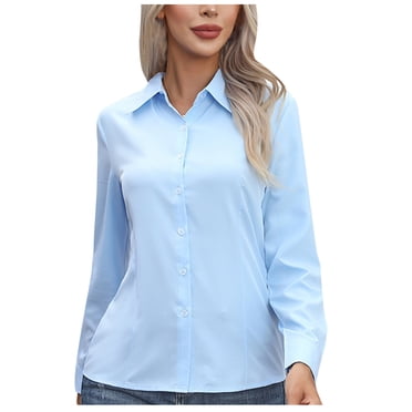 Moxiu Women's Button Down Shirts Long Sleeve Basic Business Dress Shirt Slim Classic V Neck Button Up Work Blouse Formal Tops 2025 Blue,XXXL
