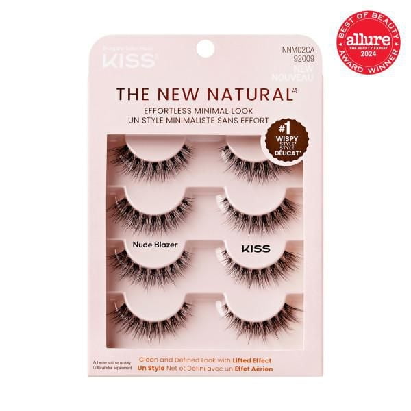 KISS The New Natural False Eyelashes Nude Blazer Multipack with 4 pairs of wispy, unevenly spaced lashes designed for a natural, lifted lash effect, cruelty-free and vegan, shown in pink packaging featuring the Allure 2024 Best of Beauty Award badge.