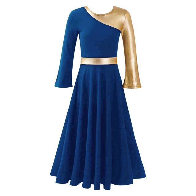 RUNQHUI Robe de Danse Métallique Dorée pour Filles, Prière Lituricale, Danse, Bleu Royal 12