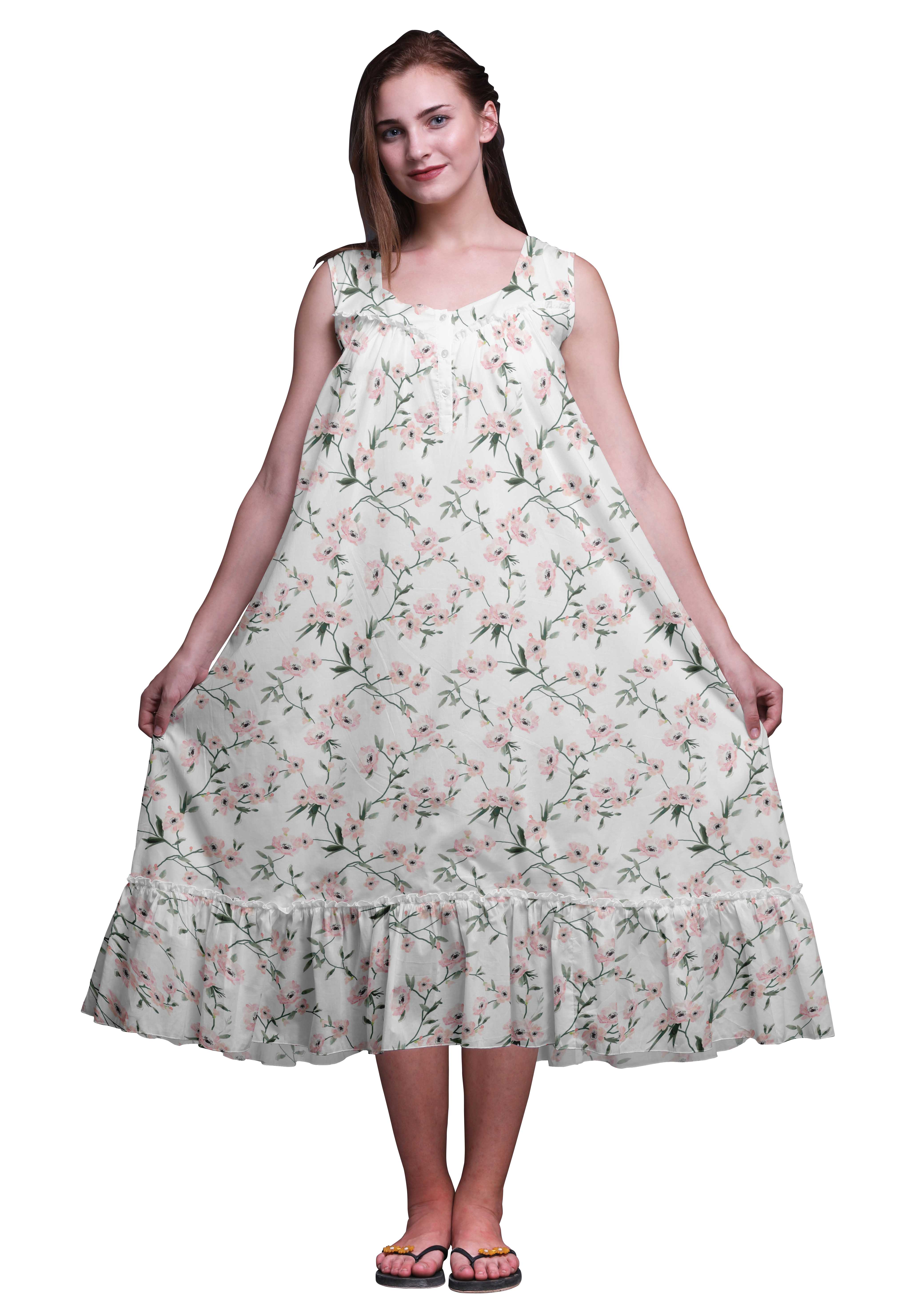 Bimba Chemises de Nuit Blanches en Coton Imprimé Feuilles Florales et Pivoines pour Femmes Robe Sans Manches Tenue de Nuit Robe Maxi Petit