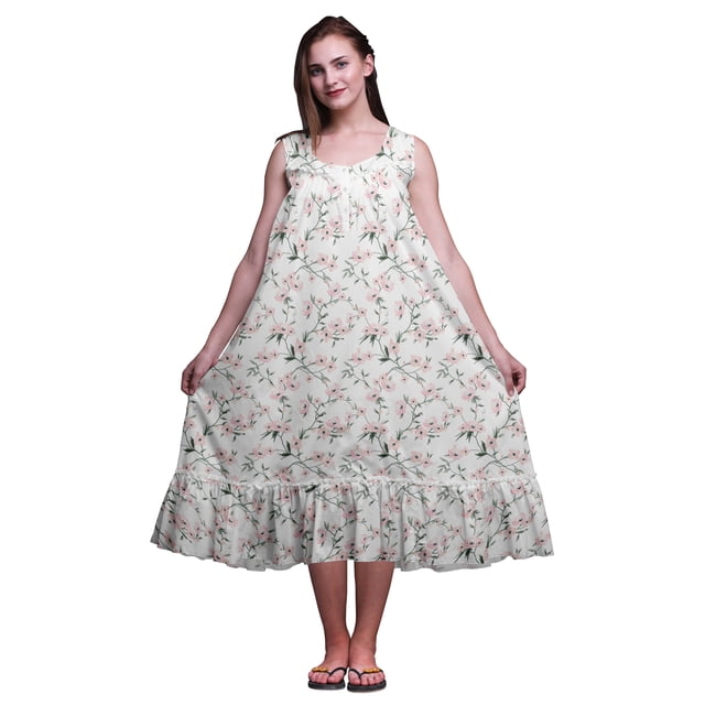 Bimba Chemises de Nuit Blanches en Coton Imprimé Feuilles Florales et Pivoines pour Femmes Robe Sans Manches Tenue de Nuit Robe Maxi Petit