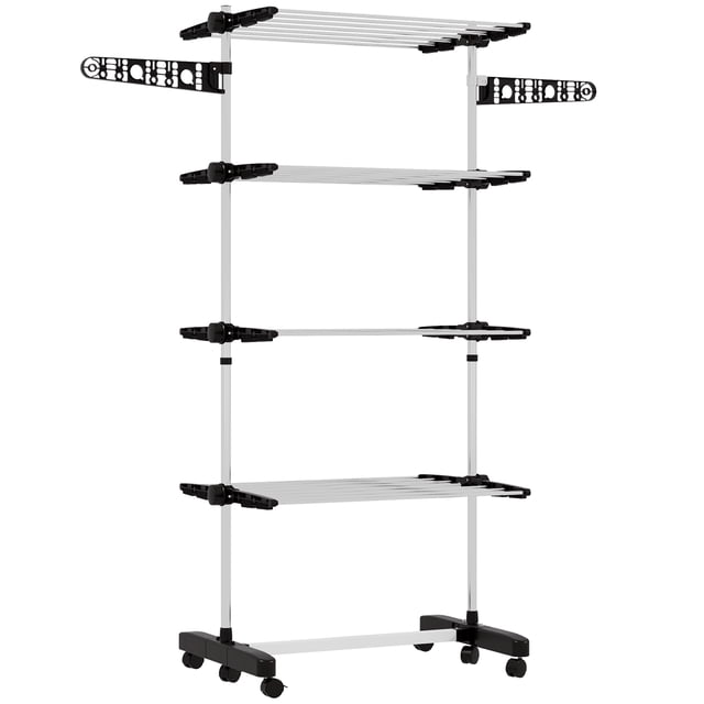 HOMCOM Séchoir à Vêtements à 4 Niveaux avec Ailes Latérales et Roues, Doté d'Un Cadre en Acier Inoxydable et d'Accentures Noires. Comprend 6 Plateaux Ajustables, 2 Ailes Latérales Rotatives et des Roues Roulantes pour un Déplacement Facile. Dimensions : 55,9 Pouces de Large, 21,7 Pouces de Profondeur et 67,7 Pouces de Haut. Convient à une Utilisation Intérieure et Extérieure, avec un design Pliable pour un Rangement compact.
