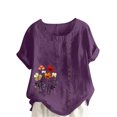 thumbnail image 3 of QATAINLAV T-Shirts pour Femmes à Imprimé Floral, Hauts en Lin Graphiques, Décontractés, Coupe Ample, Tunique à Col Rond, Chemise d'Été à Manches Courtes, T-Shirts Grande Taille avec Boutons, Soldes Aujourd'hui, Violet TTG, 3 of 5