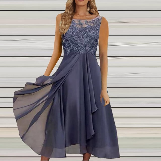 EGNMCR Robes de Soirée pour Femmes, Robes Formelles pour Femmes, Robes de Cocktail pour Femmes Femmes Unies Sans Manches Col Rond Dentelle Mousseline Maille Taille Robes de Fête Jupe en Mousseline pour Femmes