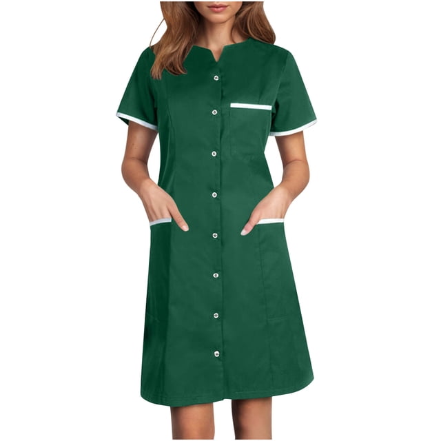 Bocqde Robe de Sarrau Femmes Infirmières Tenue de Travail Robes Manches Courtes Boutonnée Robe de Sarrau avec Poches